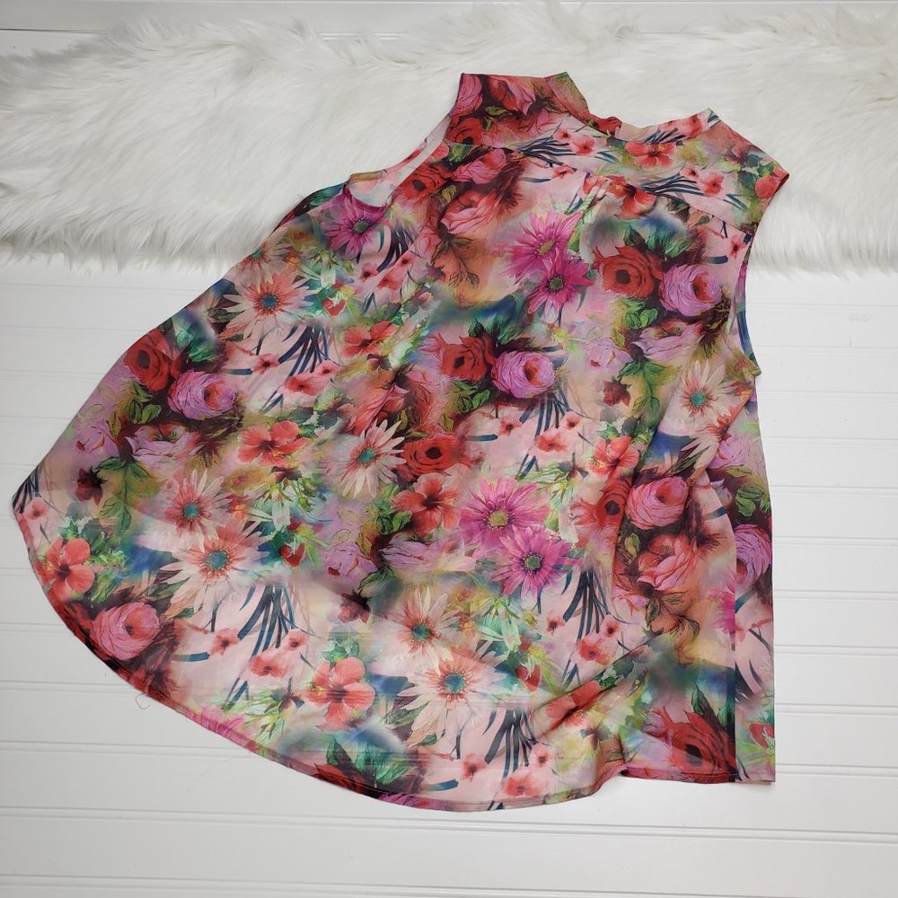 Robert Kitchen Canada Floral Sleeveless Button Up Sheer Bow Top XL MSRP $98 - Picture 2 of 9